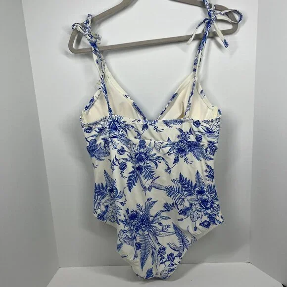 Kona Sol White with Blue Floral Toile Pattern Adjustable One Piece Swimsuit Sz L - Picture 2 of 9